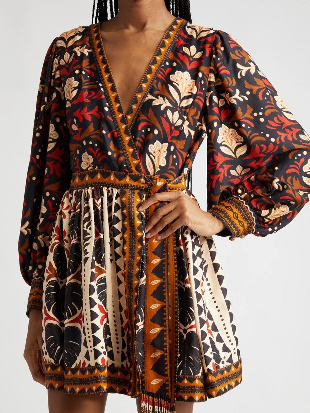 FARM Rio Tapestry Garden Dress Women’s S Red Brown Belted Mini Wrap Boho